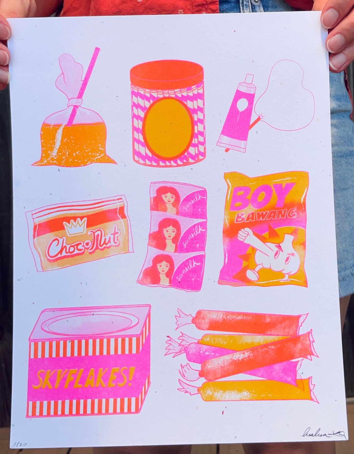 A 2-color risograph print in fluorescent pink and sunflower yellow, featuring illustrations of nostalgic Filipino candy and products.