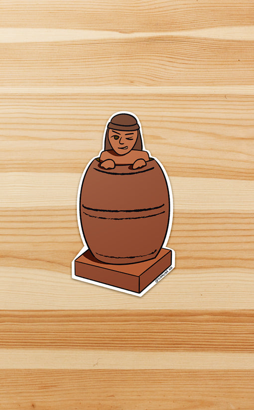 A sticker of the classic Filipino barrel man. A man is peeking out from the top of a barrel and winking.